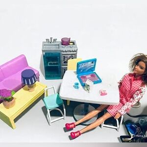 Barbie Doll w kitchen table living room set dollhouse furniture